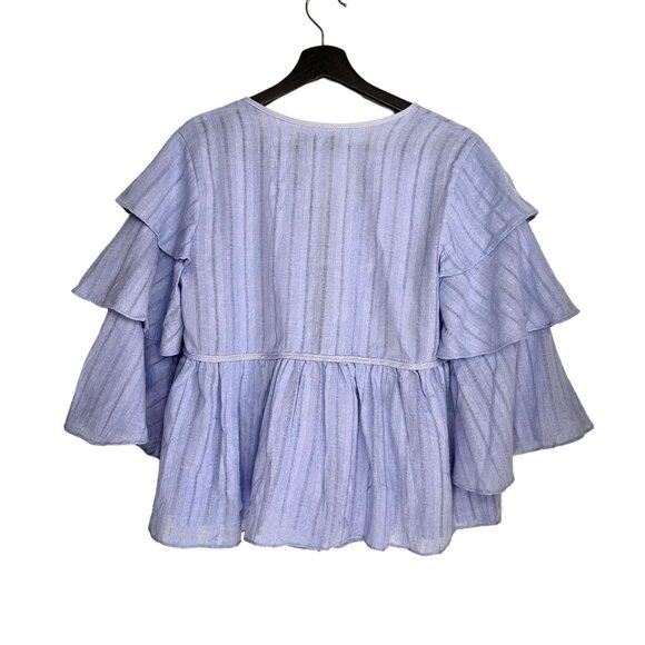 English Factory Blue Layered Cotton Tie Front Pom Pom Blouse S - Picture 4 of 8